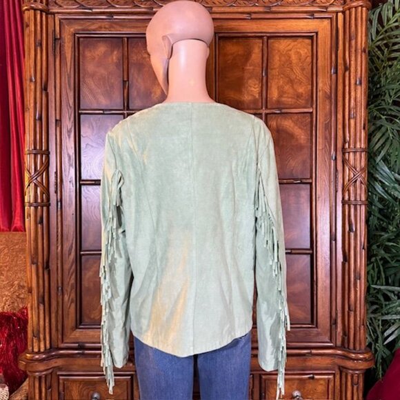 Colleen Lopez Pistachio Fringe Cascade Stretch Faux Suede Jacket Boho Western - Picture 4 of 11
